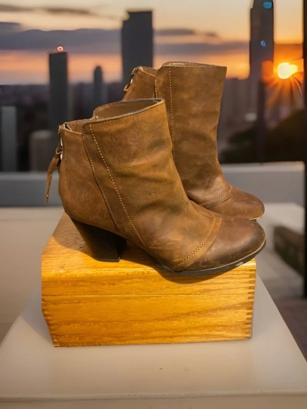 Bar III Jillian Midcalf Boots Womens Leather Ankle 3” Heels Brown Back Zipper